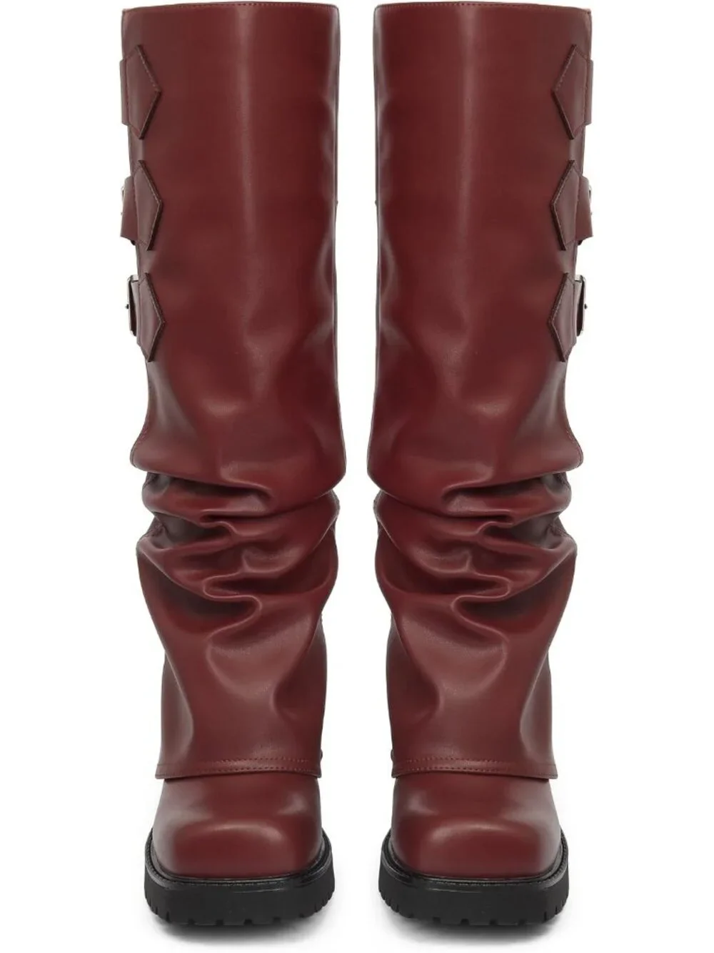 Women's Burgundy Adjustable Buckle Low Chunky Heel Square Toe Knee High Boots